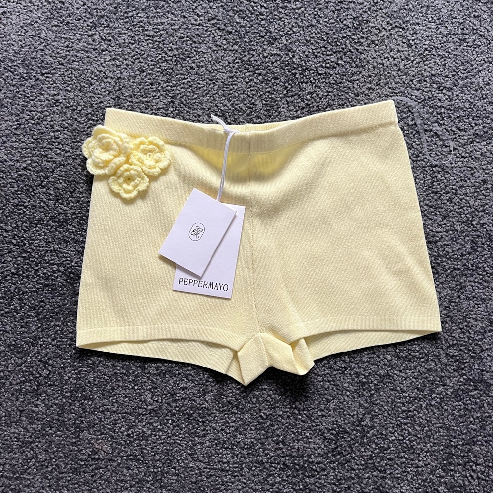 Peppermayo Cream Knit Shorts with Floral Accent
